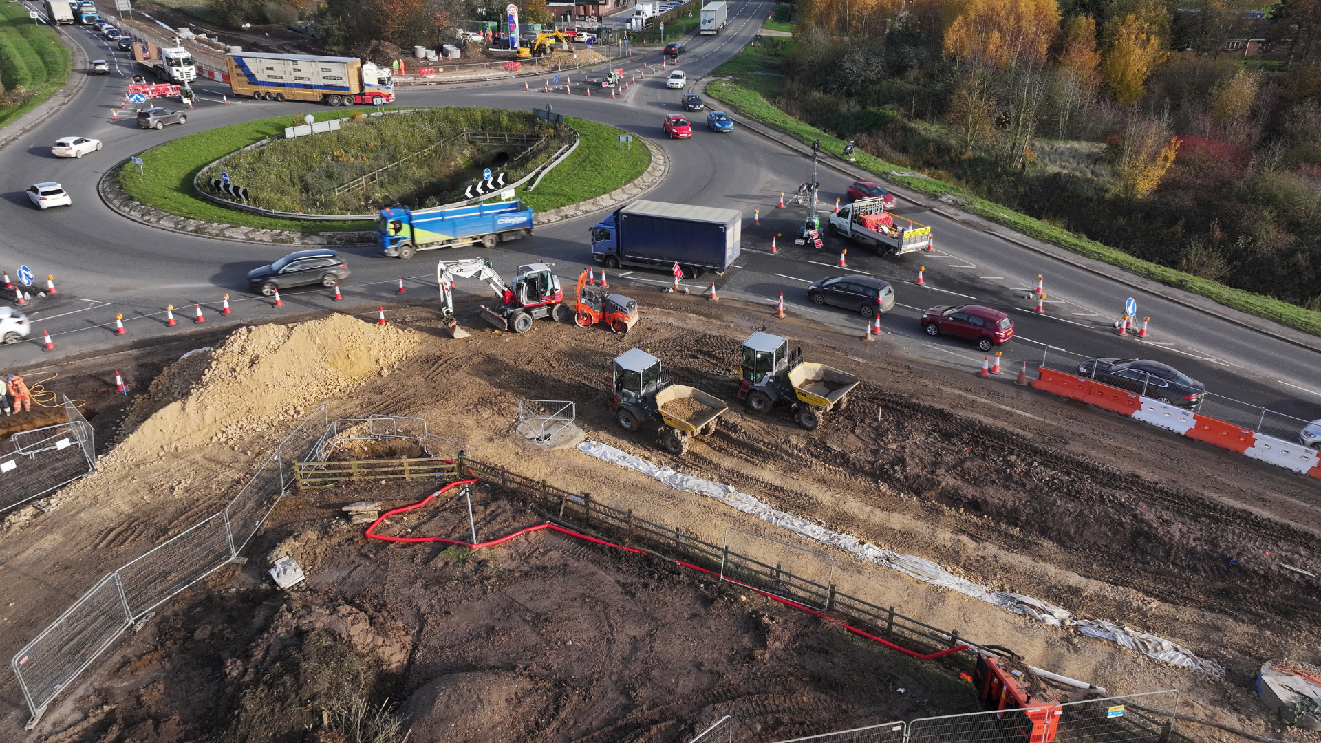 A birds eye view of a roundabout being built