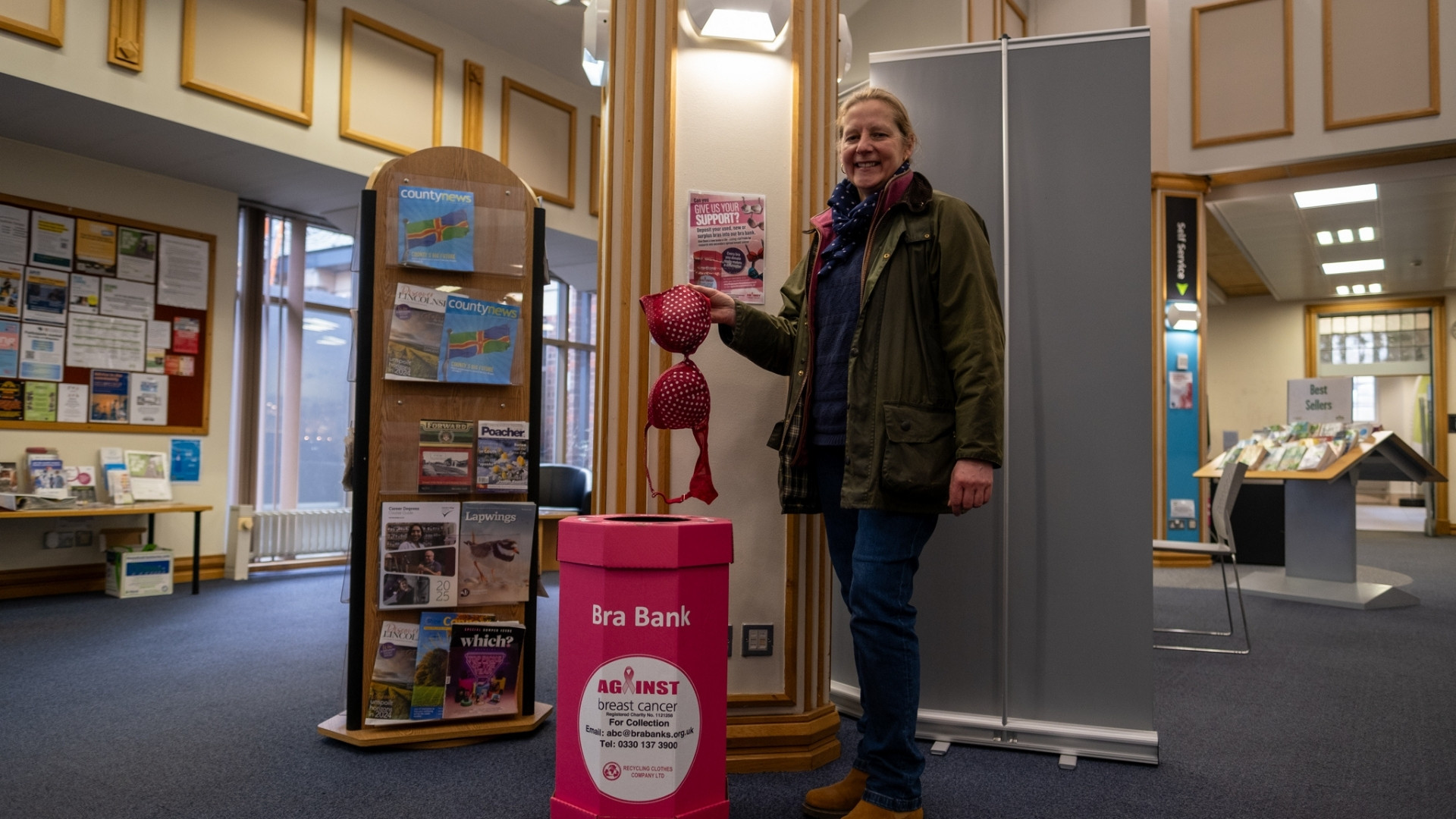 Cllr Lindsey Cawrey, executive member for culture at Lincolnshire County Council, pictured at Lincoln Central Library's bra bank