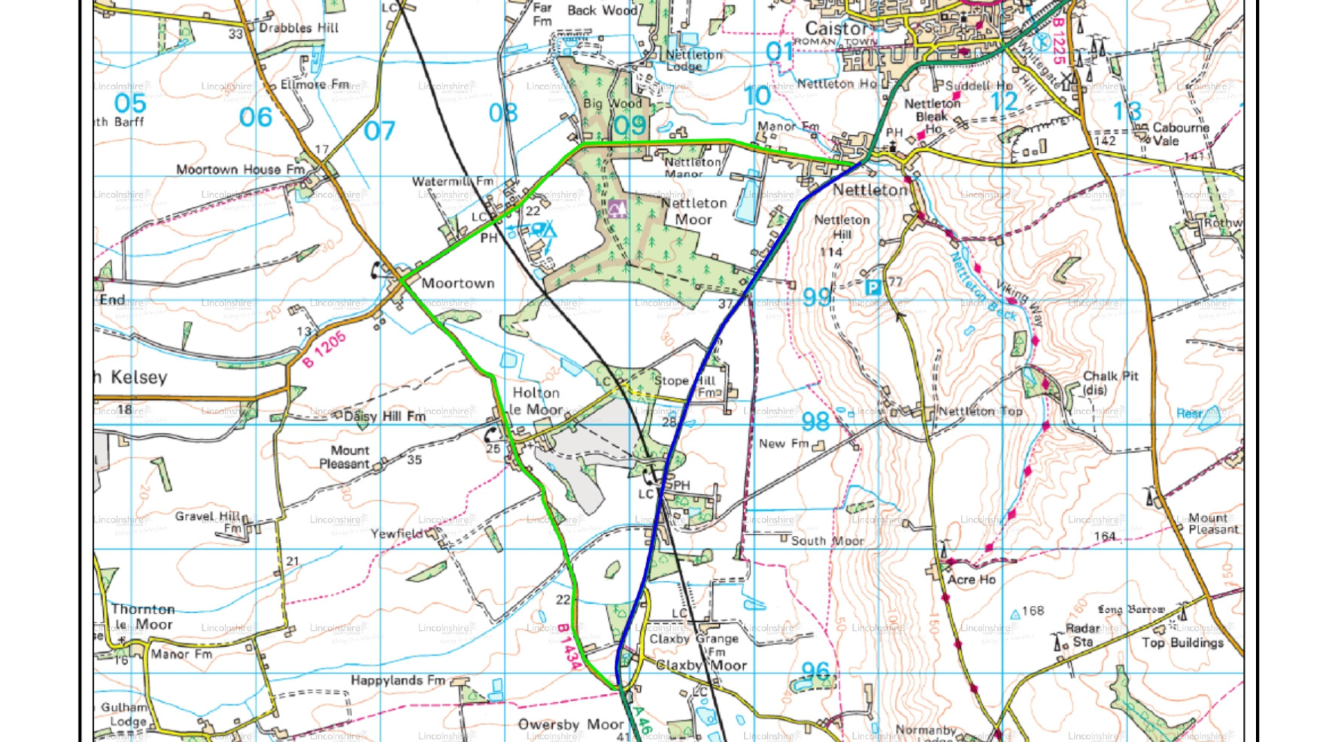 Colourful lines on a diagram depicting roads in outside of Caistor