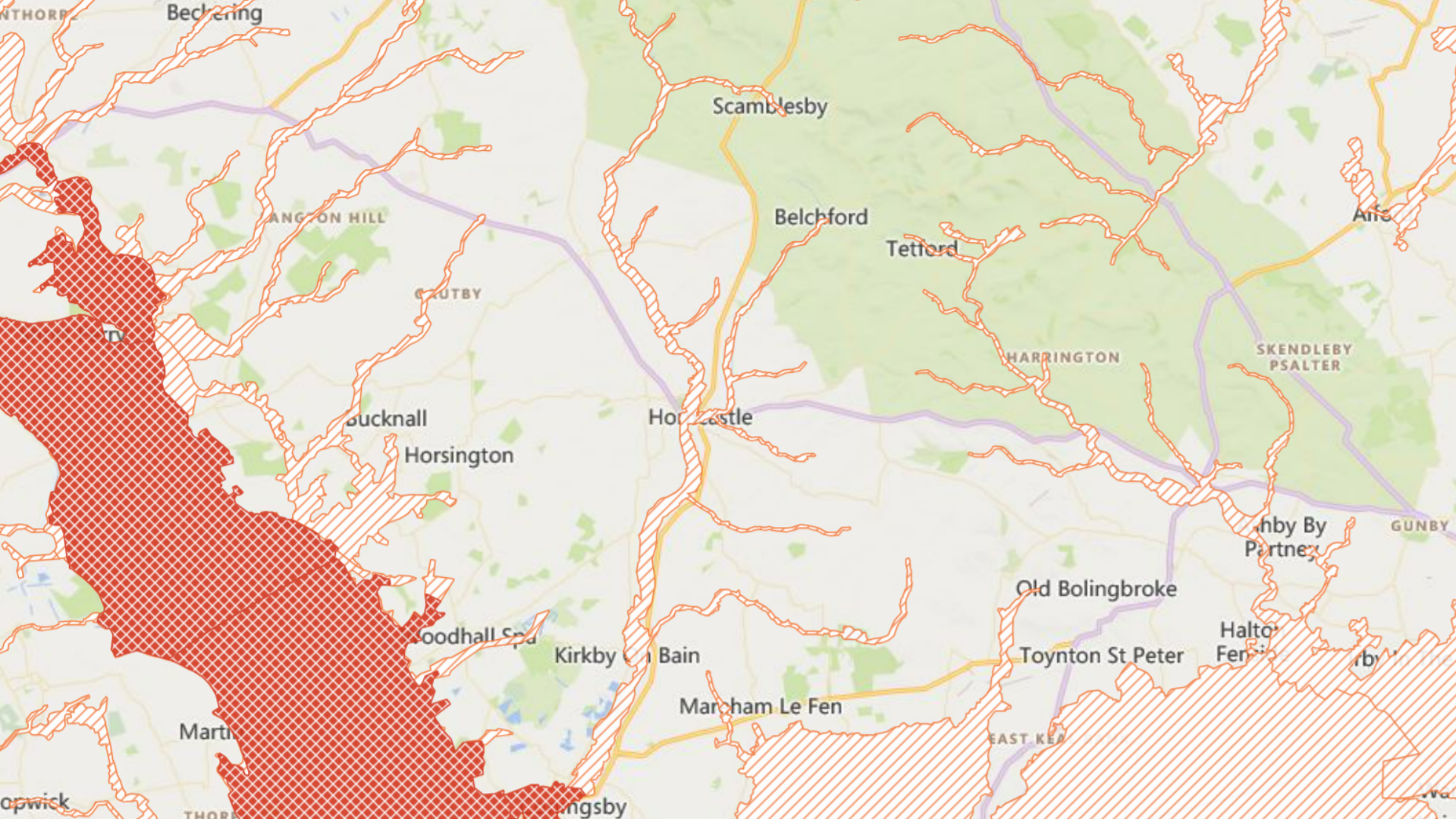 A close up of a map showing various flood alerts in Horncastle